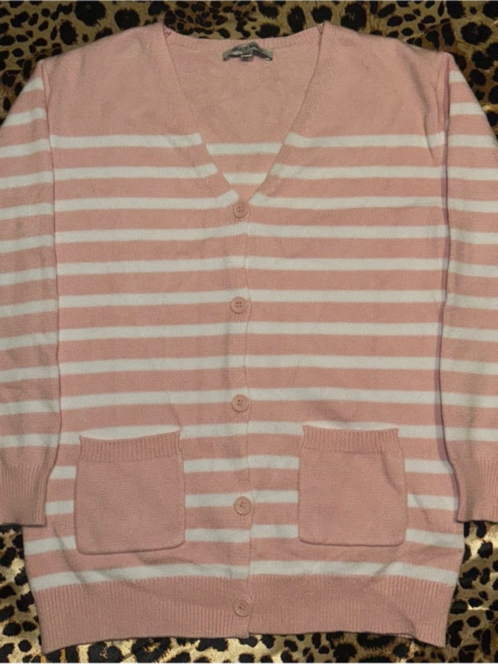 Grace Karin Pink & White Striped Button-Up Cardigan
